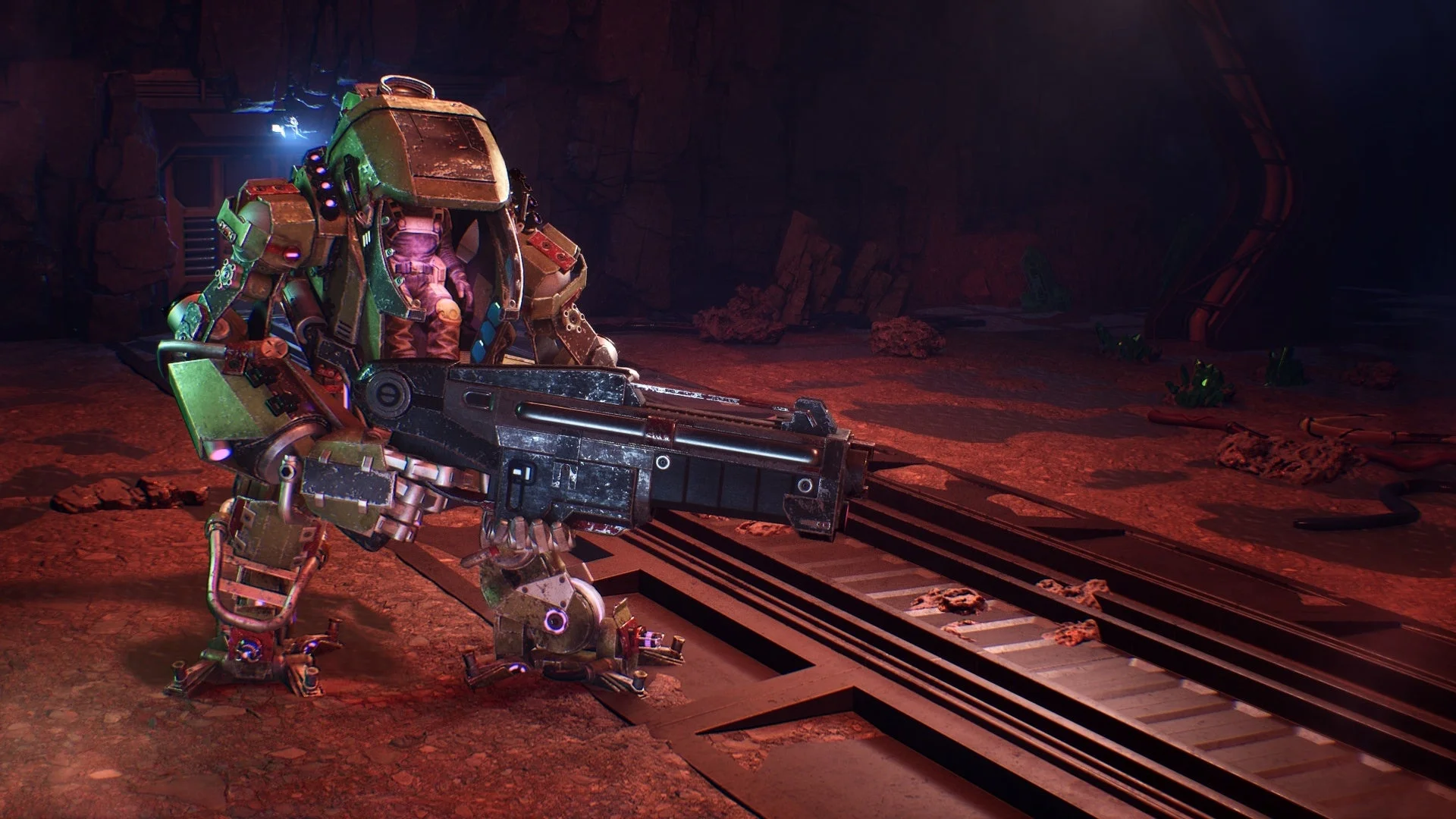 『Deadzone: Rogue』のロボットキャラクターが銃を構えるゲーム画面