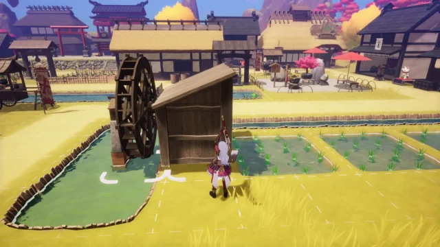 『龍の国 ルーンファクトリー』里山づくりで水車を設置するゲーム画面