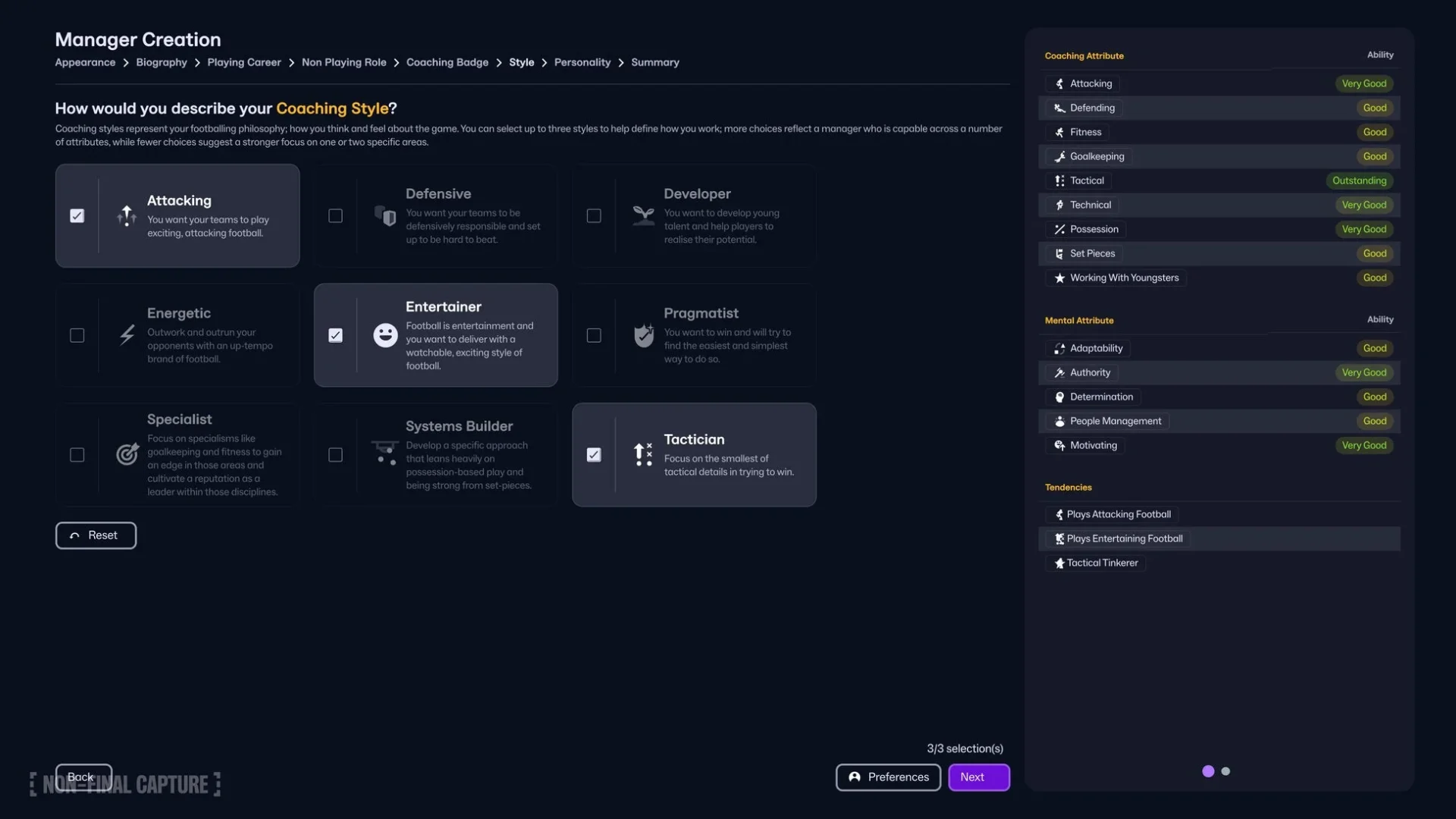 Football Manager 26の監督作成画面。コーチングスタイル選択UI