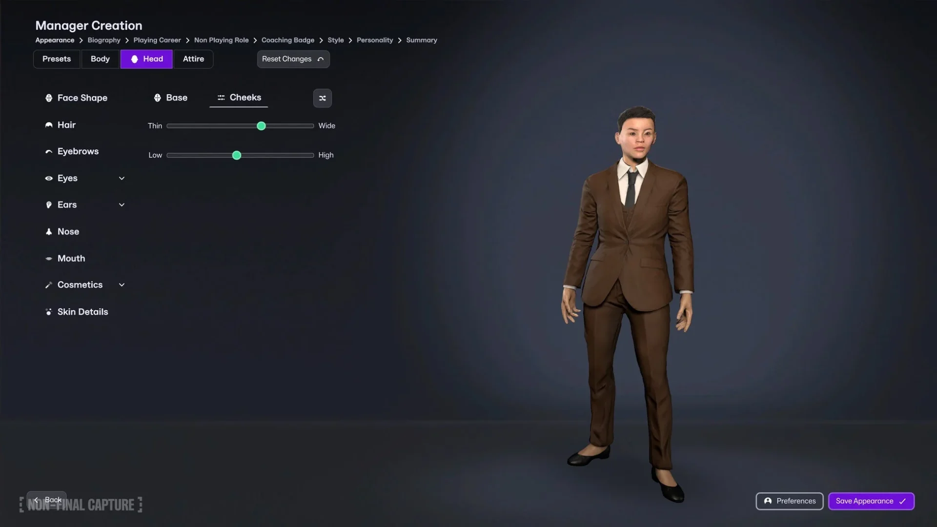 Football Manager 26の監督アバター作成画面。顔の造形カスタマイズ