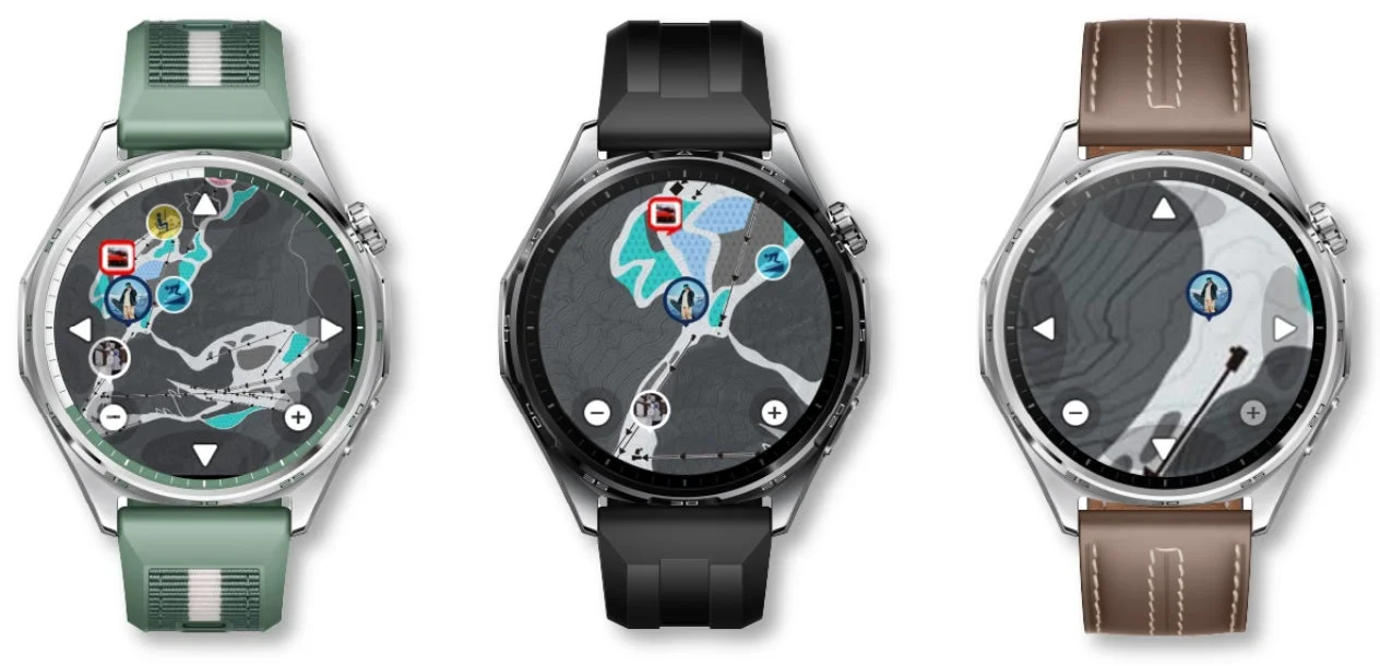 HUAWEI WATCH GT 6シリーズのゲレンデマップ表示と仲間の位置を示す画面