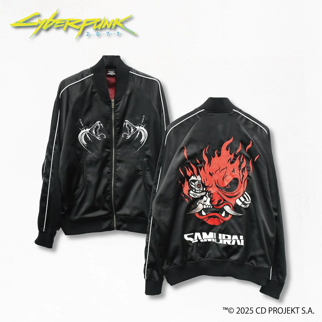 『Cyberpunk 2077』スカジャン（再販）の前面と背面デザイン