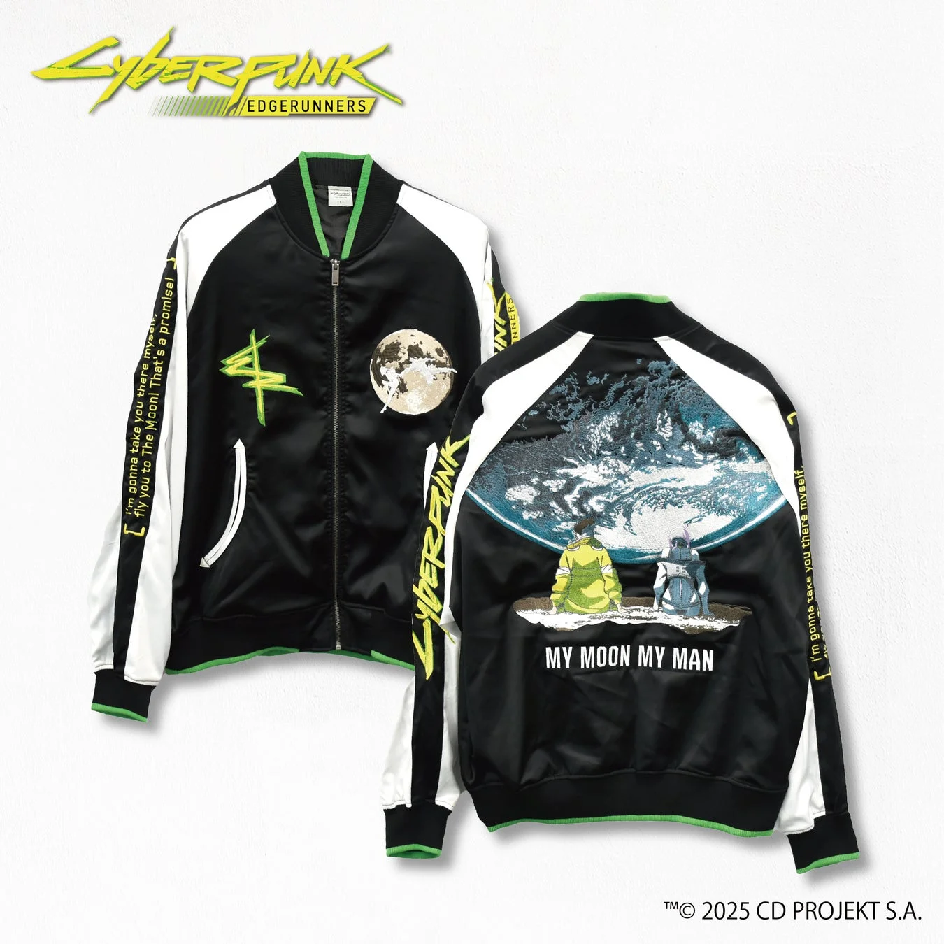 『Cyberpunk: Edgerunners』スカジャン（再販）の前面と背面デザイン