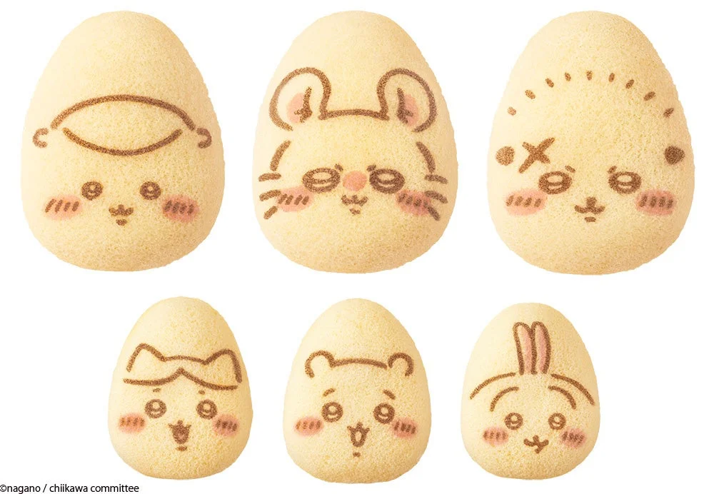 「ちいかわバナナプリンケーキ」の全6種類のキャラクター絵柄。ちいかわ、ハチワレ、うさぎ、くりまんじゅう、モモンガ、ラッコ。