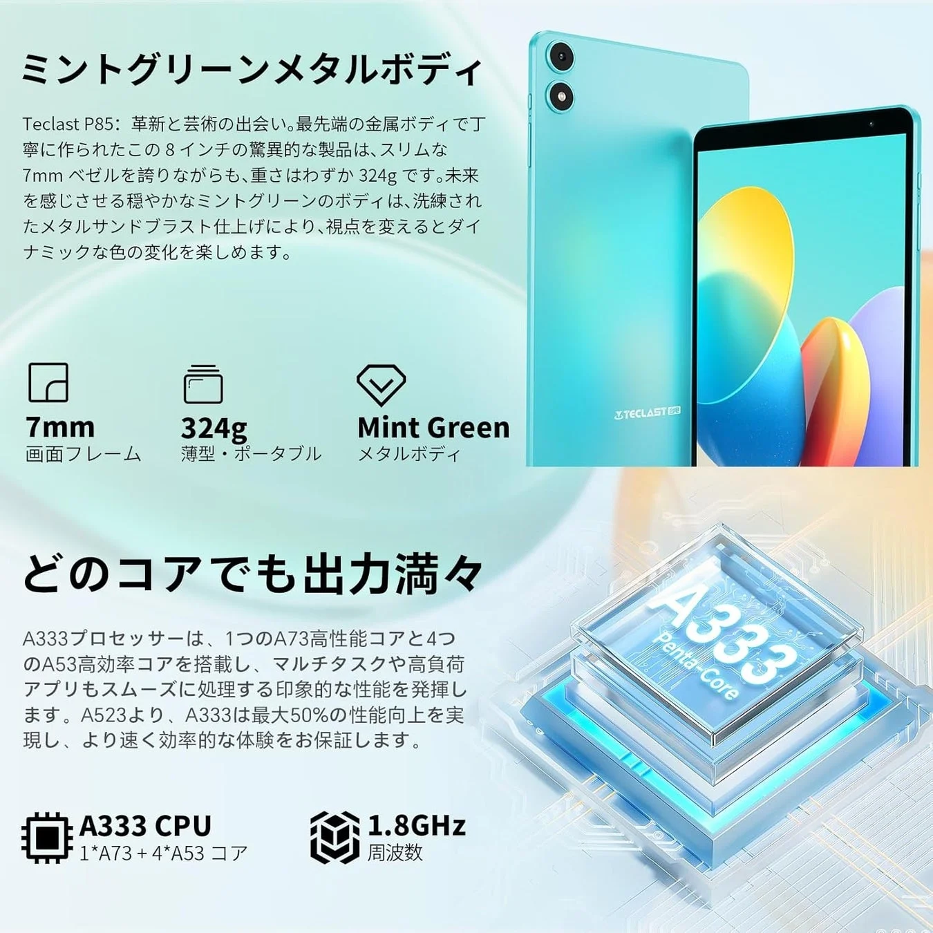 Teclast P85タブレットのミントグリーンメタルボディとA333 Penta-Core CPU