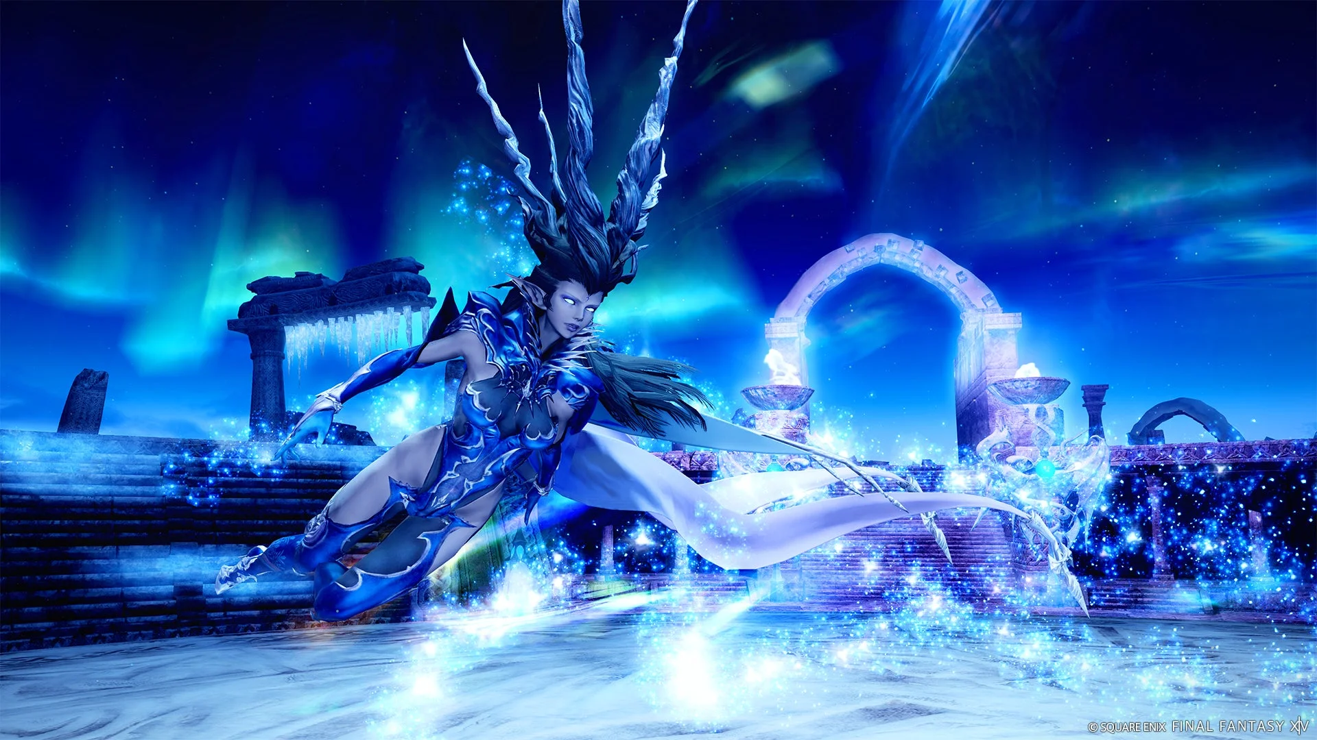 ファイナルファンタジーXIVの戦闘シーン、魔法を放つキャラクター