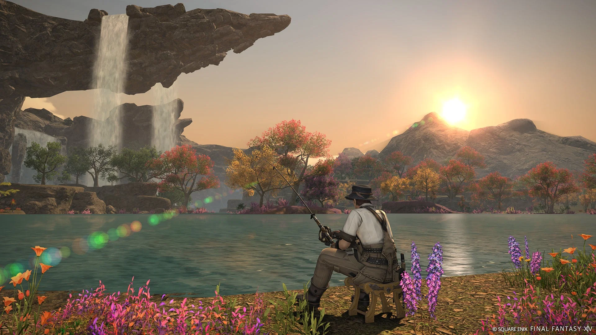 ファイナルファンタジーXIVでキャラクターが釣りを楽しむのどかな風景