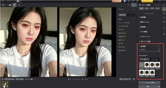 Tenorshare PixPretty 2.0の目の補正・キャッチライト機能のUI画面