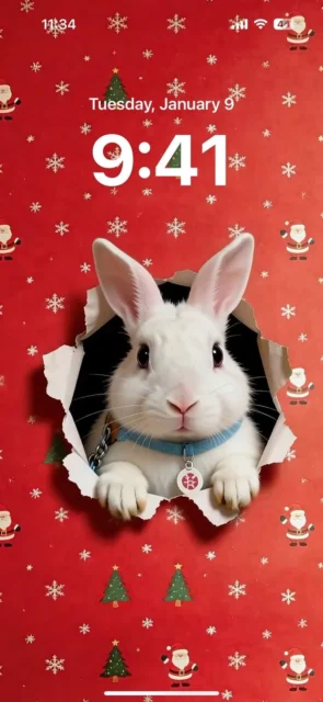 紙が破れてうさぎが飛び出した状態のスマホ壁紙