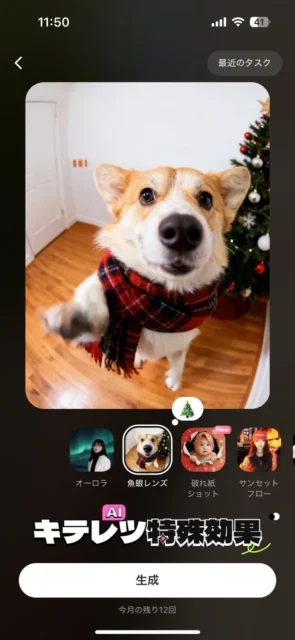 Winkアプリ内の魚眼レンズ機能の選択画面