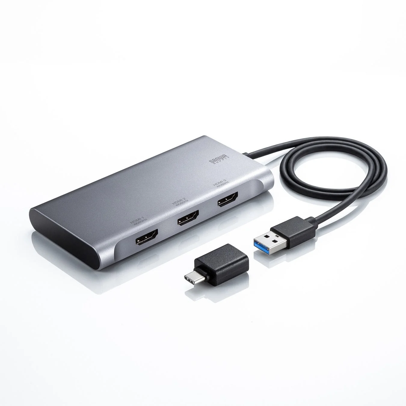 USB-HDMIディスプレイアダプタ本体とUSB A、USB Type-C変換アダプタ