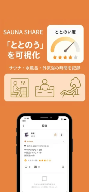 サウナ体験記録機能の画面と「ととのう」可視化イメージ