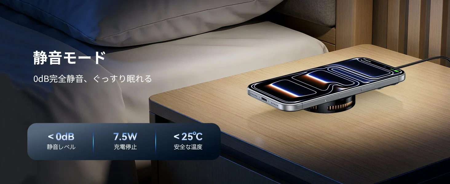 RORRY Z110の静音モード使用時の様子。ベッドサイドでスマートフォンを充電。