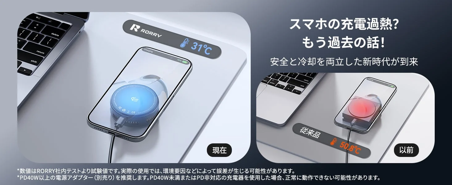 RORRY Z110と従来品の充電中の温度比較。冷却効果を示す。