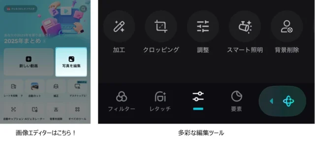CapCut「画像エディター」機能のホーム画面と編集ツール一覧