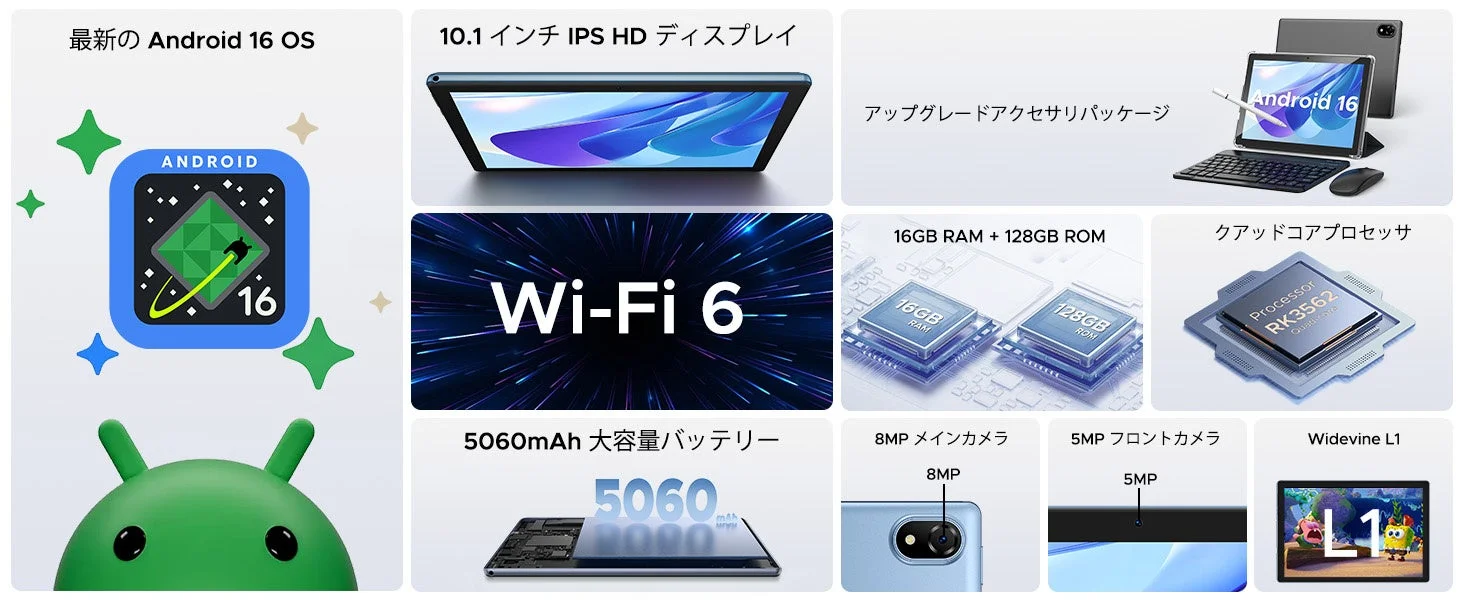 DOOGEE U10の主要な特徴をまとめた図（Android 16、ディスプレイ、Wi-Fi 6、メモリ、カメラなど）
