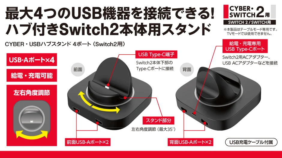 CYBER・USBハブスタンド 4ポート（Switch2用）の機能説明図