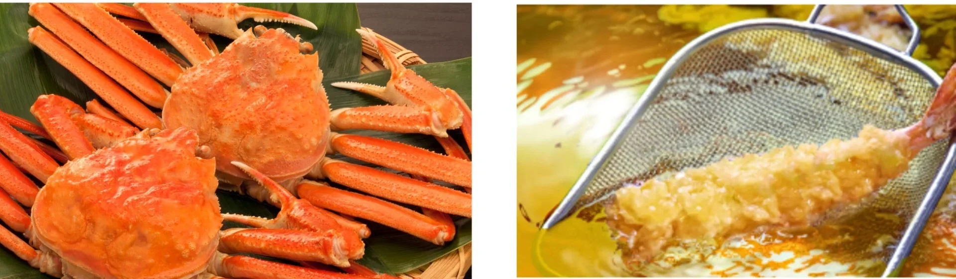 新鮮な本ずわい蟹と揚げたての大海老天の調理風景