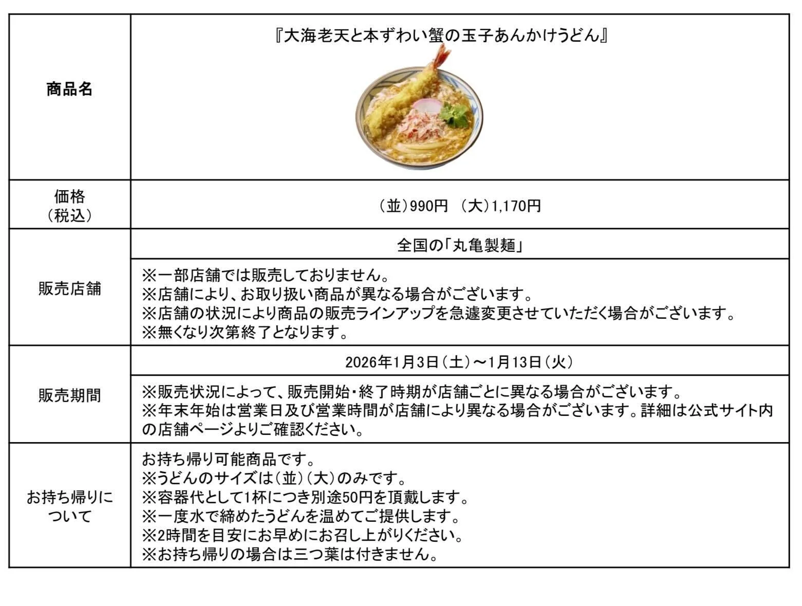 大海老天と本ずわい蟹の玉子あんかけうどんの商品概要表（価格、販売期間など）