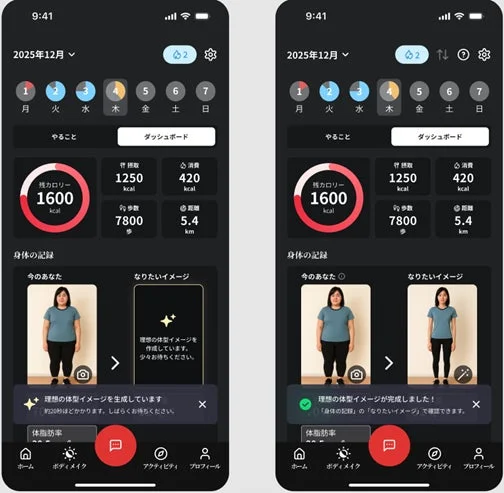 SOULRiZAアプリのダッシュボード画面、未来の体型イメージ可視化機能