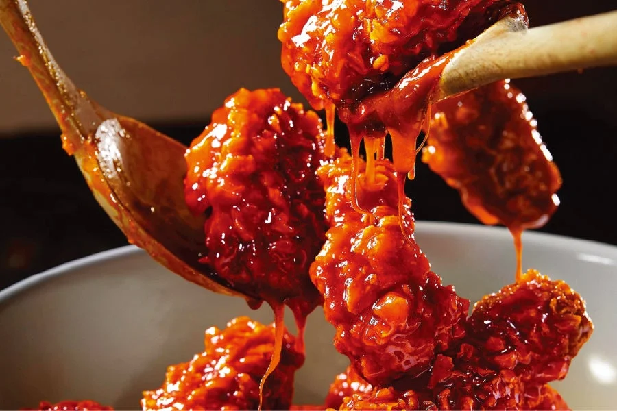 甘辛いソースが絡むbb.qオリーブチキンカフェのヤンニョムチキン