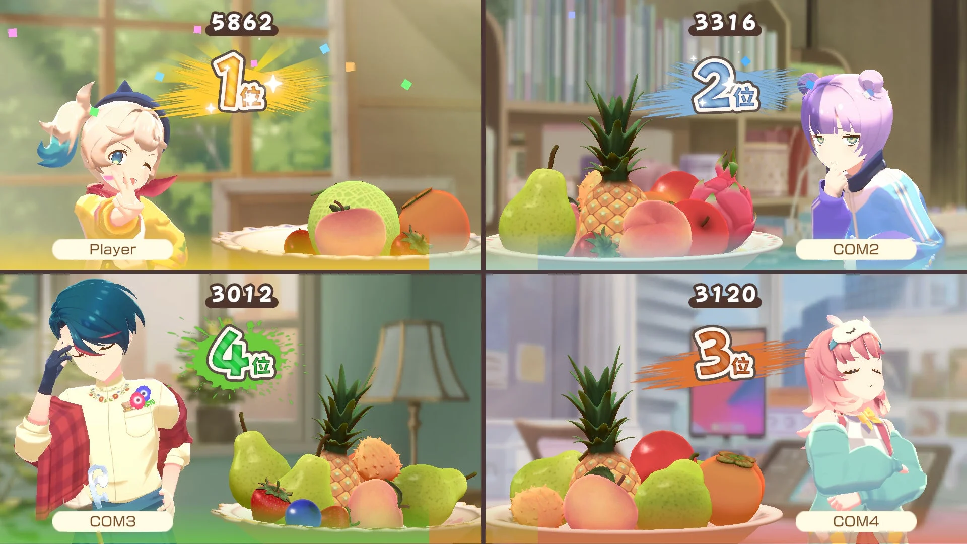 『フルーツマウンテン パーティ』の対戦結果と順位表示画面