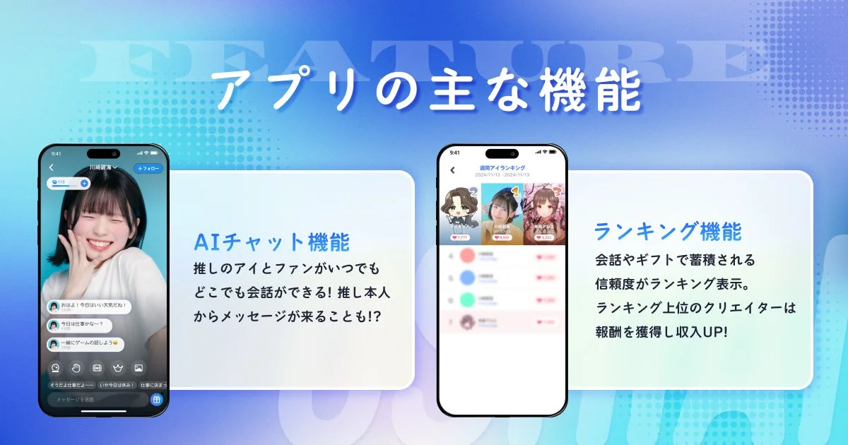 AIコミュニケーションアプリ「OSHIAI」の主な機能（AIチャット、ランキング）の概要