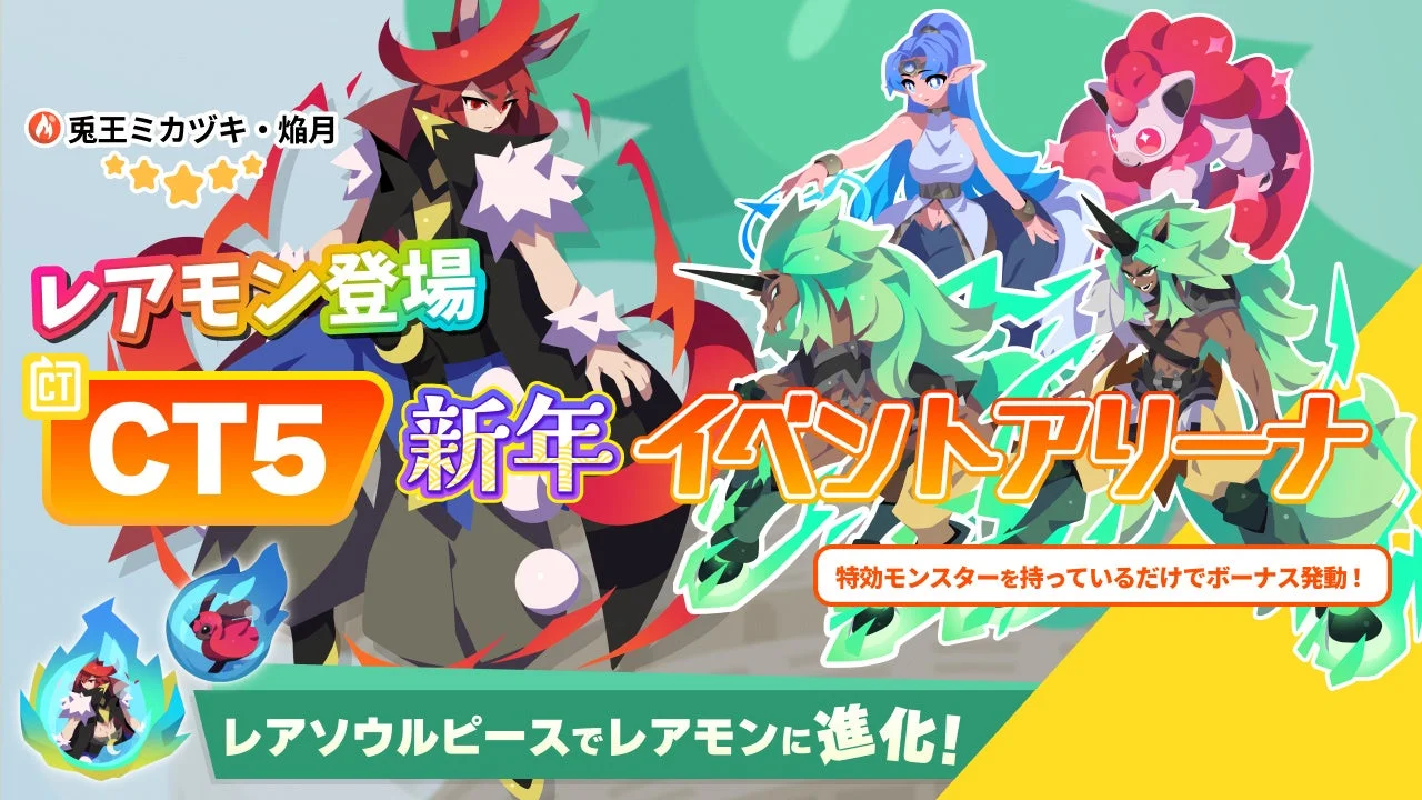 新年イベントアリーナのキービジュアルとレアモン兎王ミカヅキ・焔月