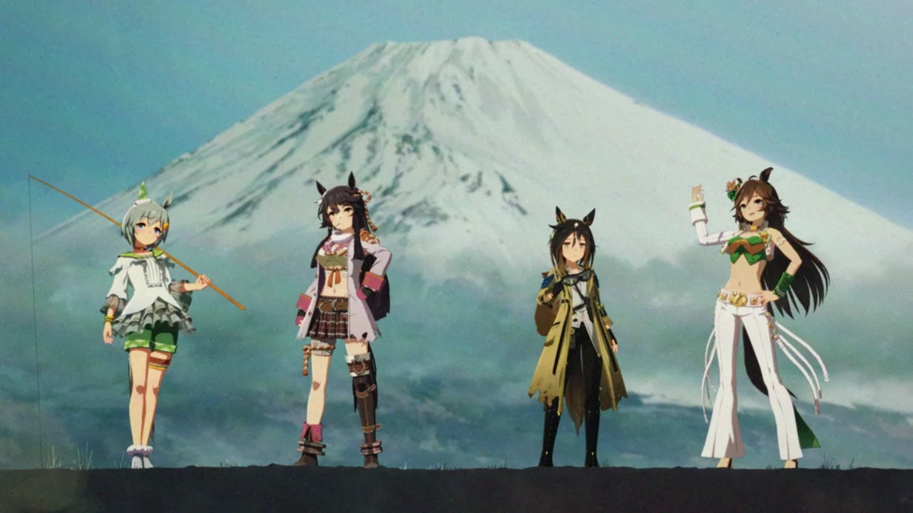 富士山を背景にポーズを決める風来坊ウマ娘たちのCMラストシーン