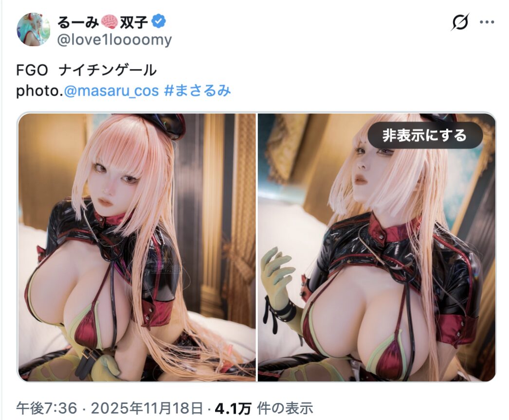 セクシークールなエナメルが目を引く！　るーみ、『Fate/Grand Order』ナイチンゲールのコスプレを披露