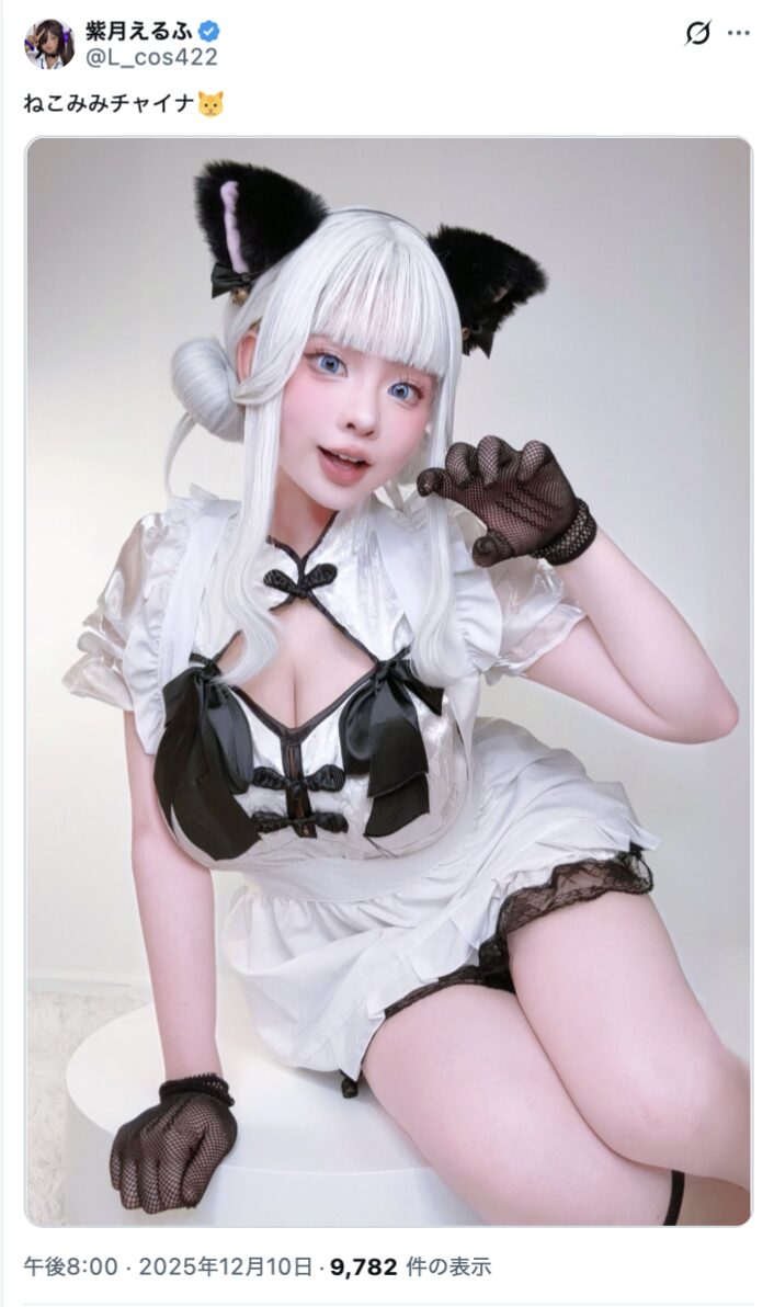 白髪に黒猫耳が映える！　紫月えるふ、キュートな猫耳チャイナ姿を披露