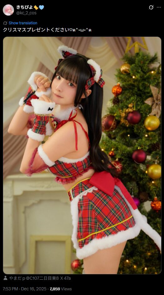 キュートすぎるクリスマスの贈り物！　きちぴよ、赤いタータンチェックのクリスマス衣装でプレゼントおねだり