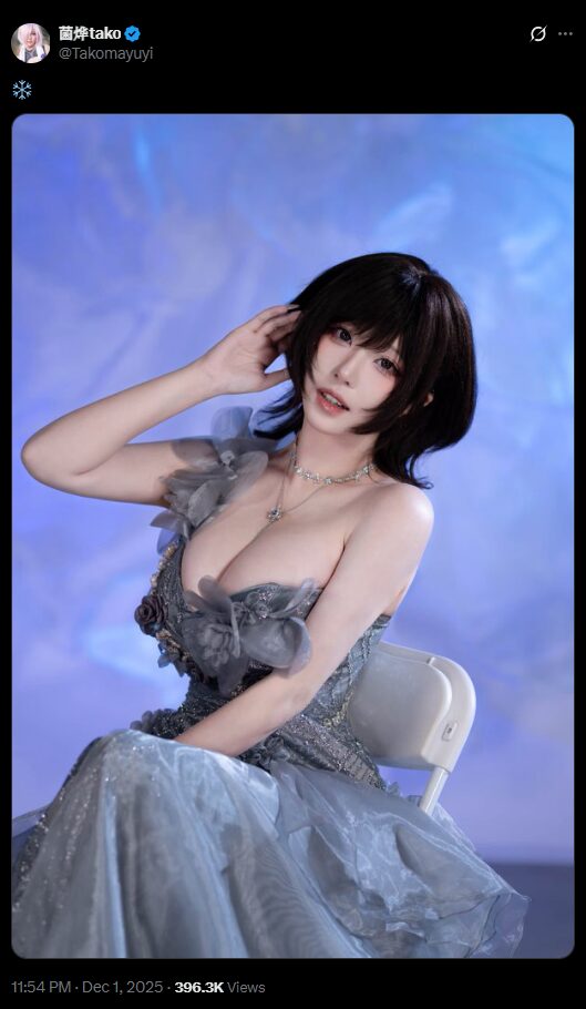 冬の女神が降臨！　菌烨tako、雪の結晶のようなシルバードレスで神々しい美しさを披露