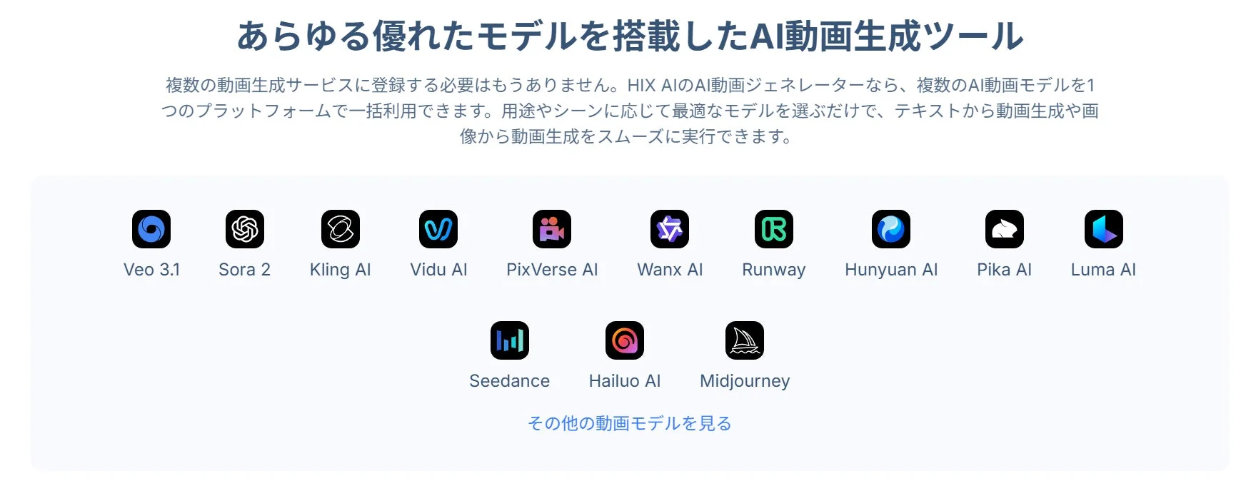 HIX AIが統合する複数のAI動画生成モデルのロゴ一覧