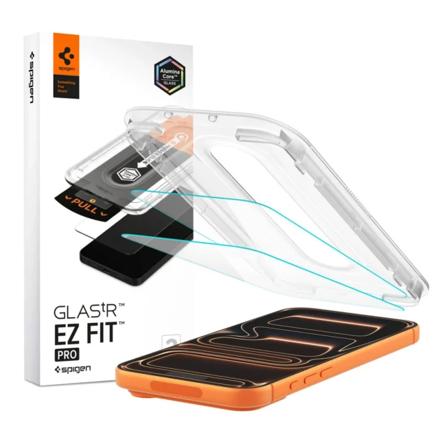iPhone用強化ガラスフィルム「EZ Fit Pro」のパッケージと装着イメージ