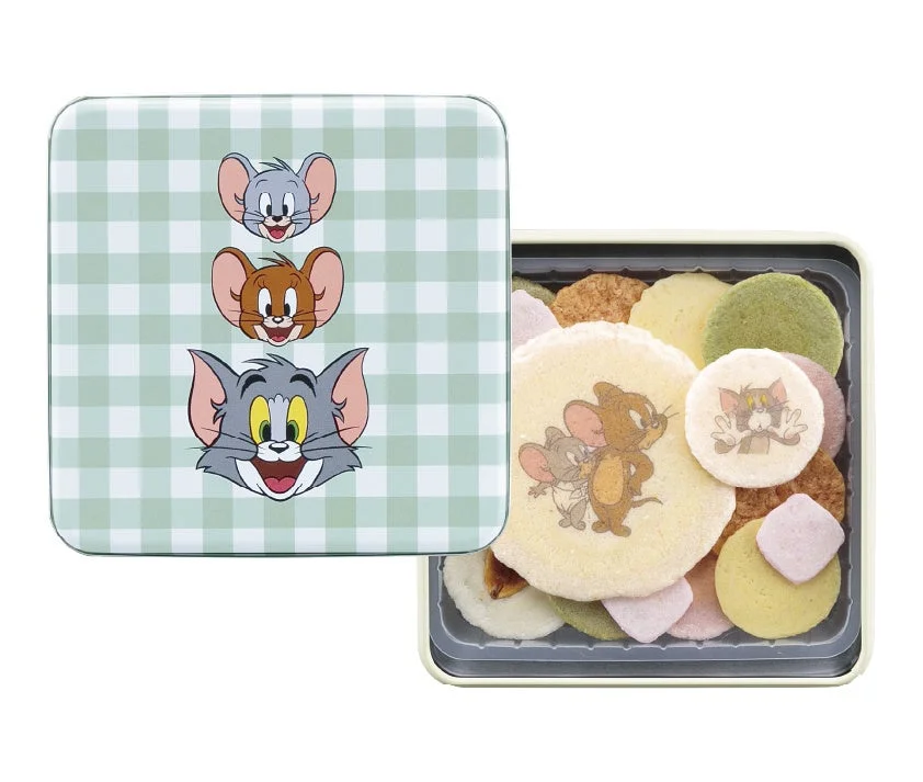 トムとジェリー/よくばり缶のパッケージと6種類のえびせんべい