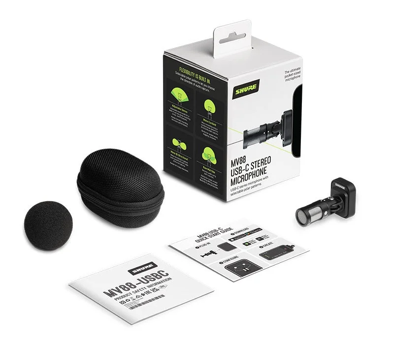 MV88 USB-C ステレオマイクロホンのパッケージと付属品一式