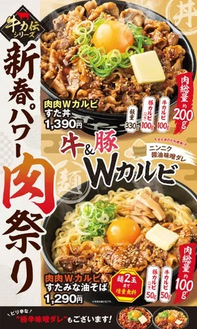 牛力伝シリーズ『肉肉Wカルビすた丼』と『肉肉Wカルビすたみな油そば』のポスター