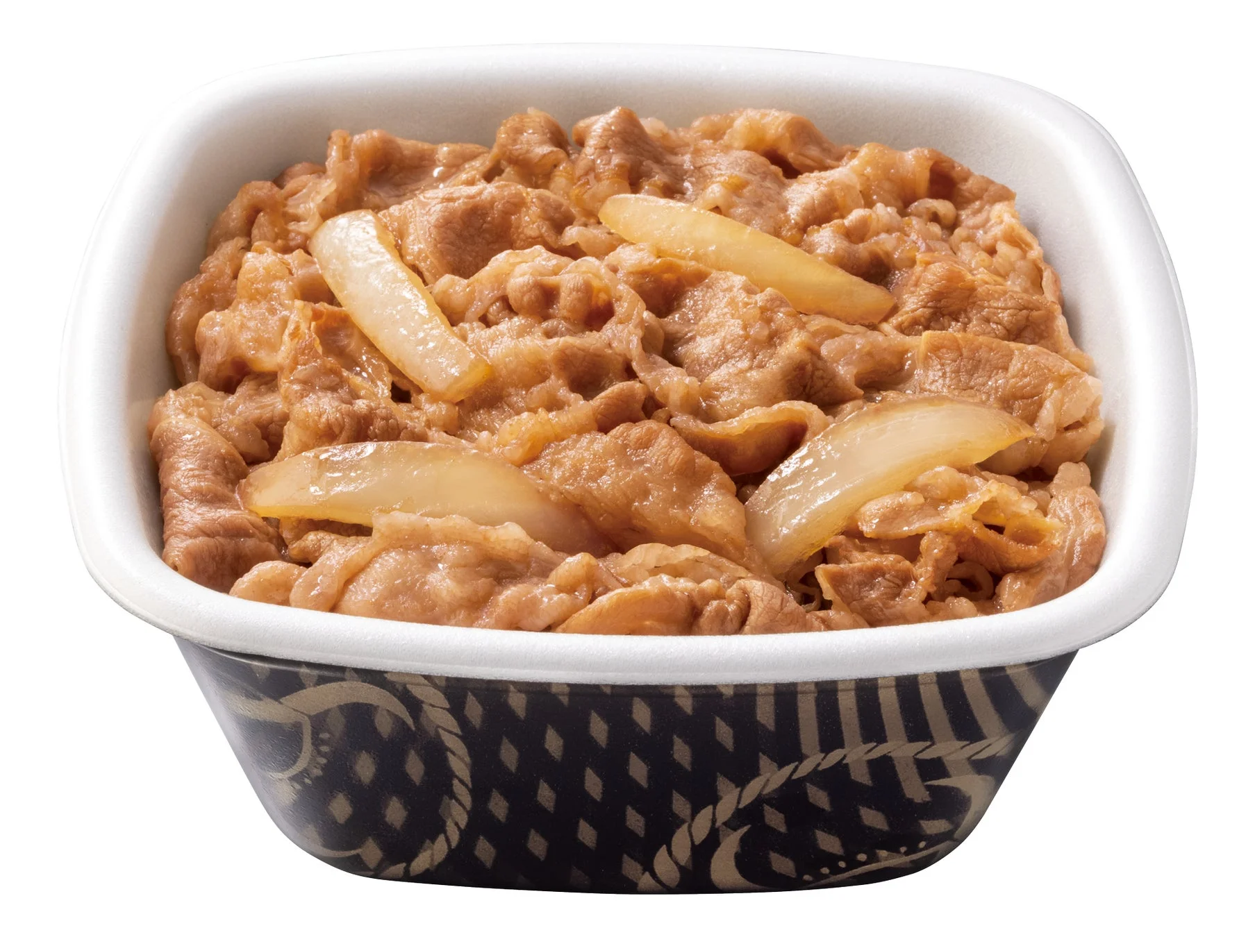 テイクアウト容器に入った吉野家の牛丼並盛りのクローズアップ