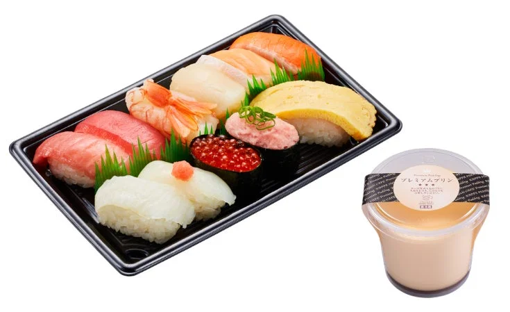 かっぱ寿司の『冬の彩り11種セット』1人前とプレミアムプリンの組み合わせ