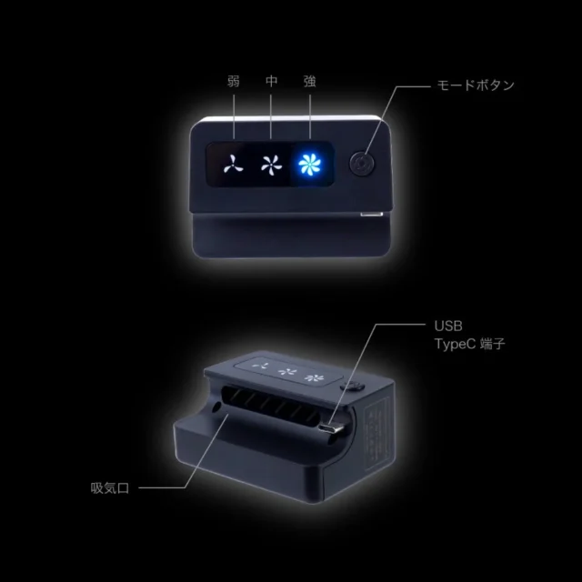 『SW2冷やすッチ』のモードボタン、USB Type-C端子、吸気口を示す説明図