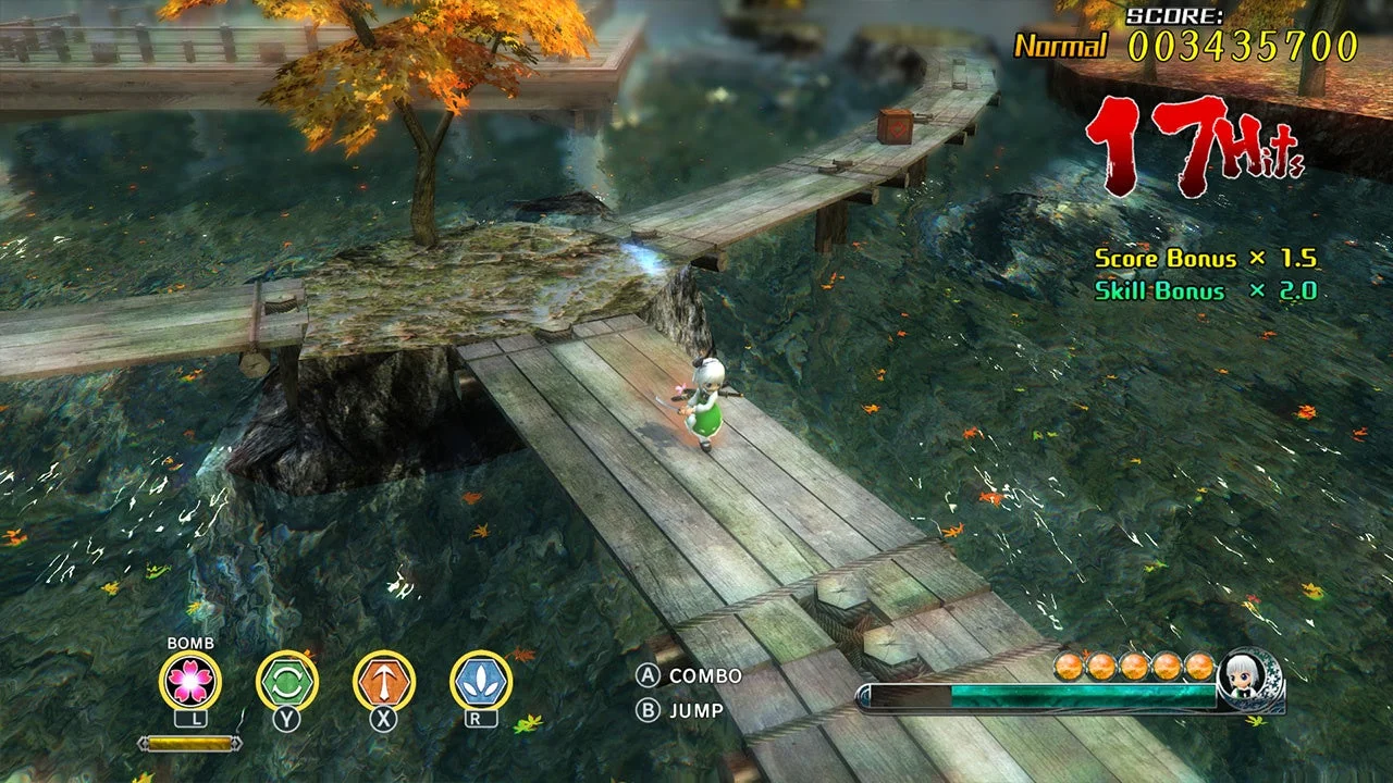 『妖々剣戟夢想』主人公・魂魄妖夢が水辺のステージを進む様子