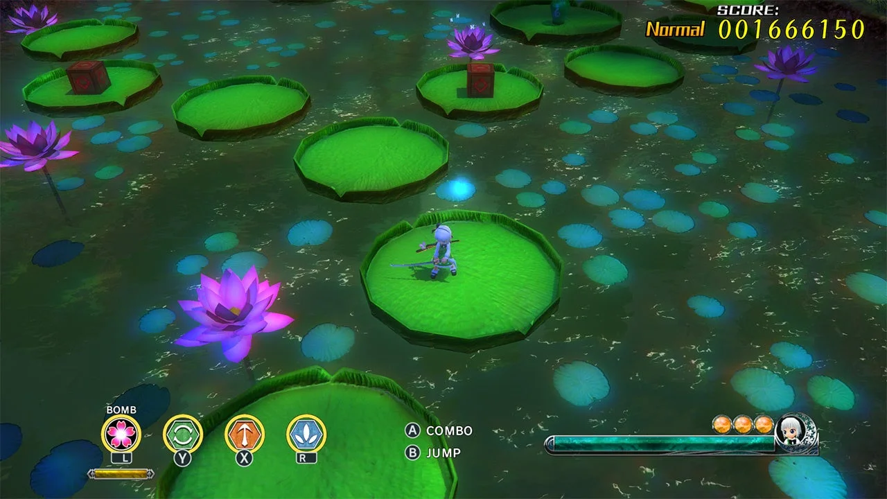 『妖々剣戟夢想』ステージ内のオブジェクトと魂魄妖夢のゲーム画面