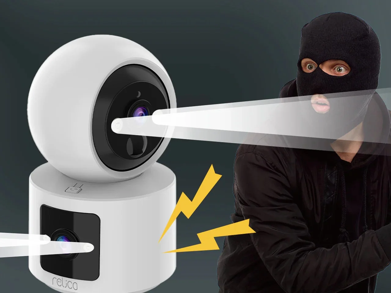 relica DBiがフラッシュライトとサイレンで不審者を威嚇する様子