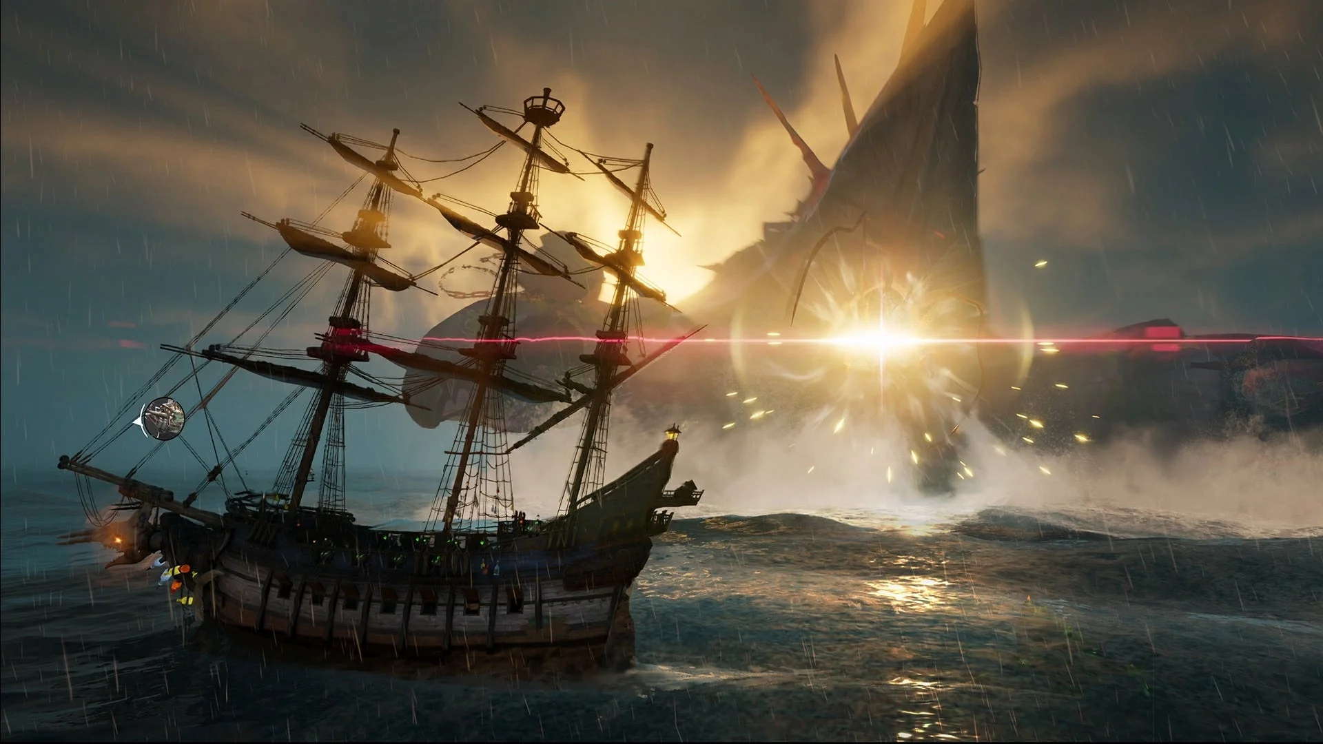 巨大な海獣と戦う帆船