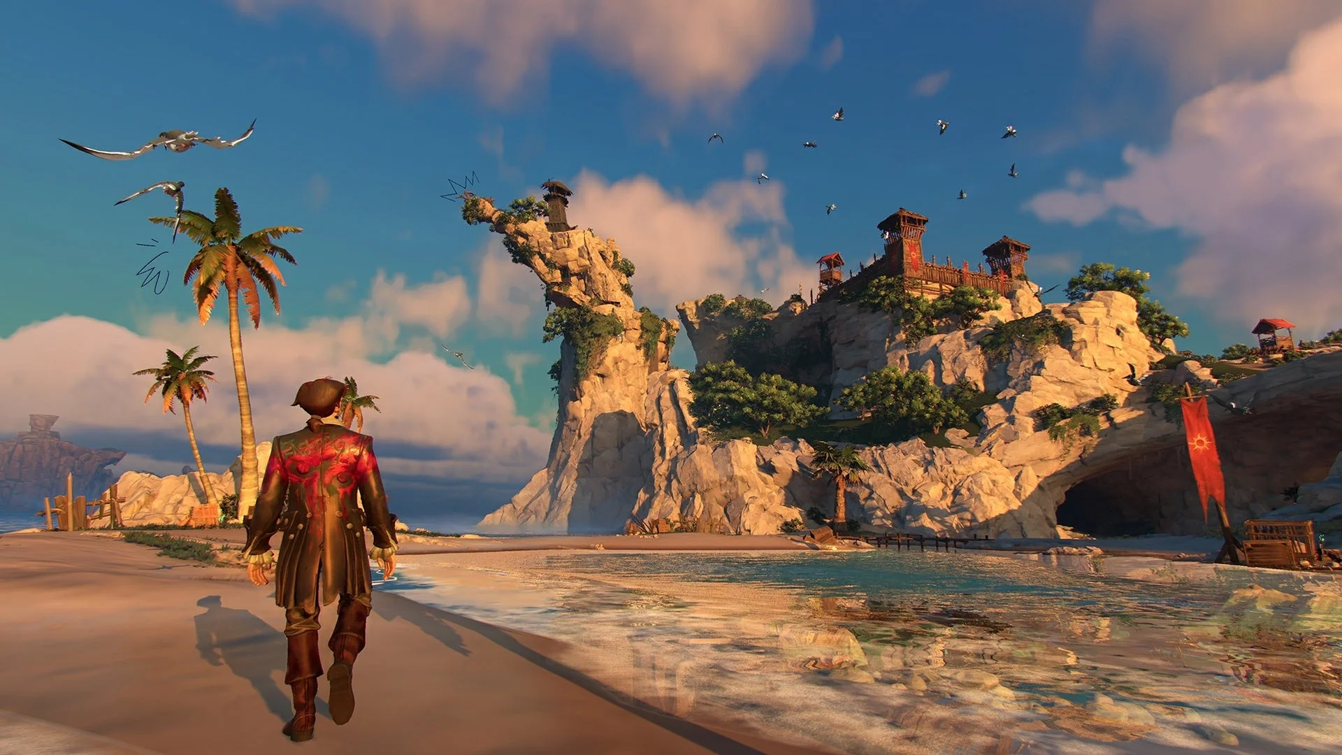 浜辺を歩くキャラクターと岩の島