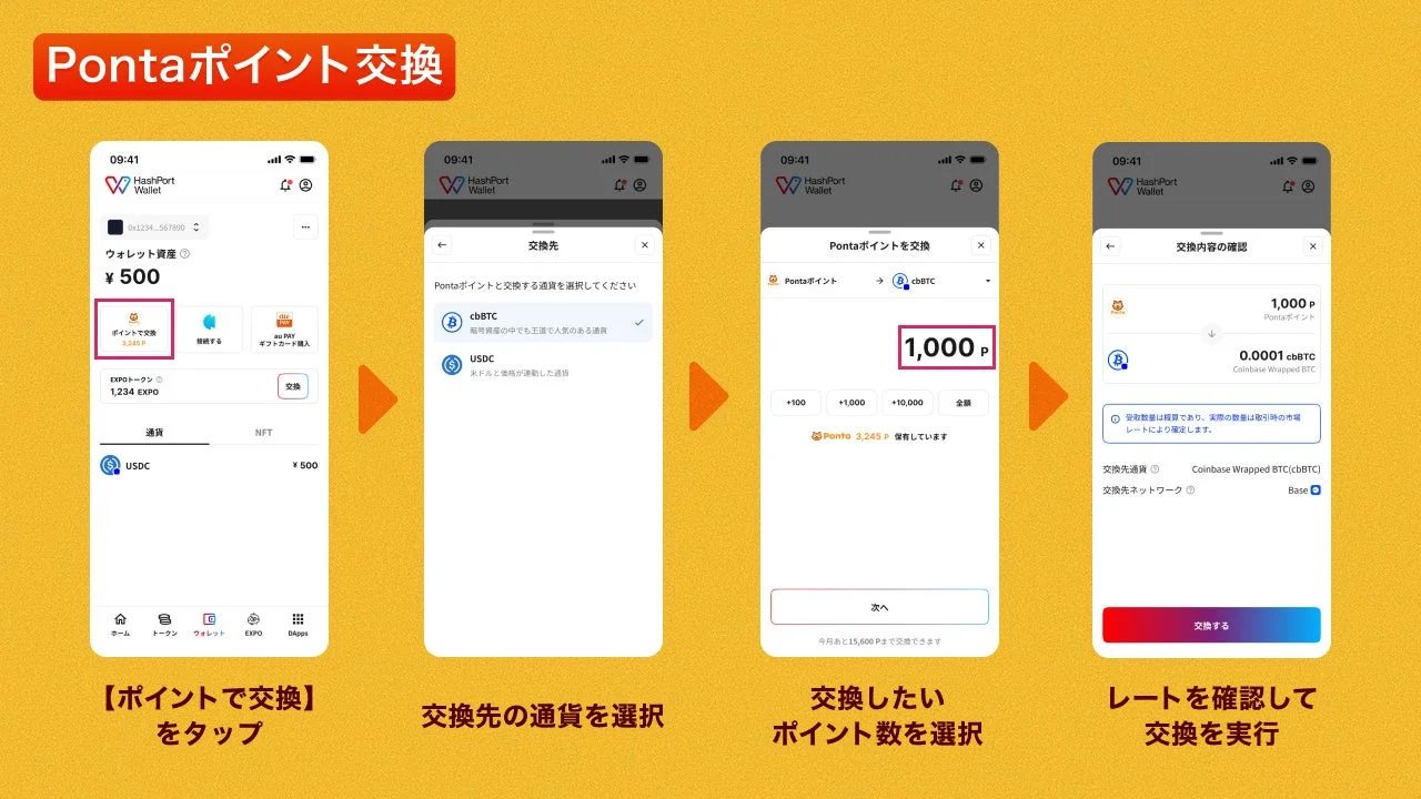 HashPort WalletでPontaポイントをUSDC/cbBTCに交換する手順