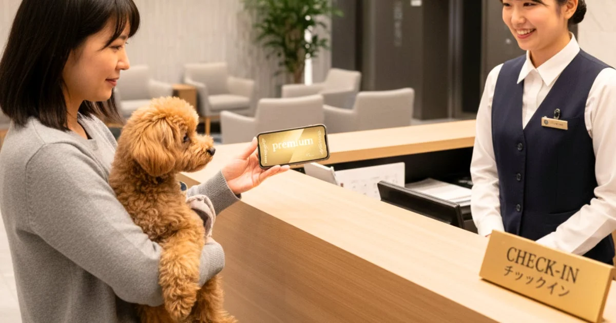 愛犬を抱いた女性がホテルの受付でスマホのプレミアム部員証を提示している様子。