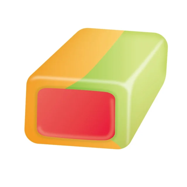 セブンカラー3色MIXハイチュウの一粒の断面イラスト。マンゴー、キウイ、ストロベリーの色合い