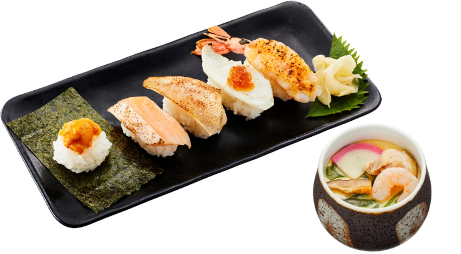 かっぱ寿司『旬ネタ！期間限定５貫セット 茶碗蒸し付き』の豪華な寿司と茶碗蒸し。